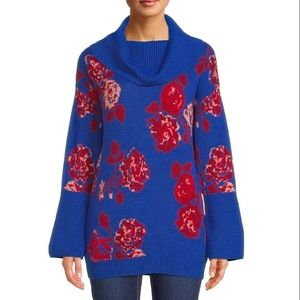 NWT~The Pioneer Woman LARGE floral Cowl neck Oversized Warm Sweater~Blue/Red~